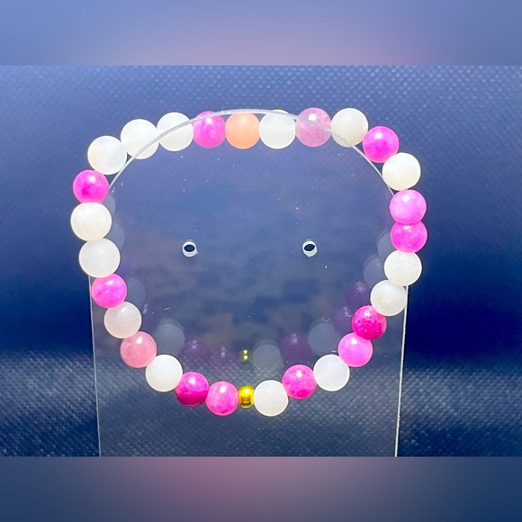 Rose Strawberry Quartz & Brushed Stone Beaded Bracelet Natural Handmade Boutique - Picture 5 of 10